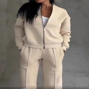 여성 Tracksuit 2 조각 세트 패션 긴 소매 지퍼 코트 캐주얼 솔리드 운동복 스트레이트 바지 정장 숙녀 가을 Sportwear