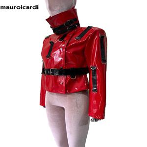 Mauroicardi 가을 짧은 빨간색과 검은 색 블록 반짝 이는 반사 특허 인조 가죽 자켓 여성 럭셔리 디자이너 Emo Clothes