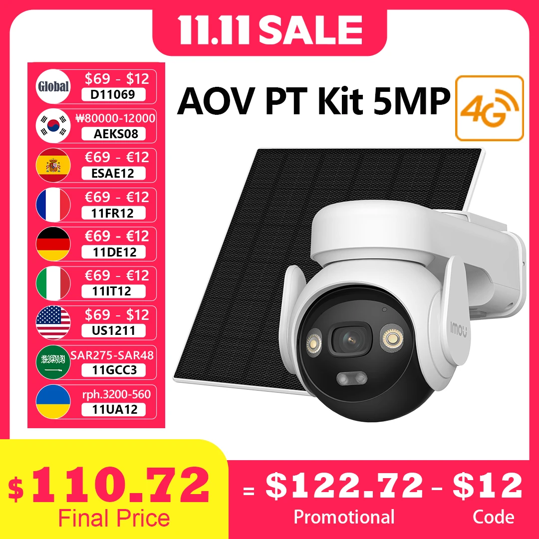 IMOU AOV PT 5MP 태양광 패널 360 포함 °   PTZ 야외 보안 카메라 4G LTE 와이파이 네트워크 10000mAh 배터리 자동 추적 IP 카메라