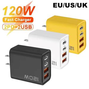 4포트 USB PD 충전기 120W 타입 C 고속 충전 휴대폰 충전 어댑터 (아이폰, 삼성, 샤오미용) EU/US/UK 플러그 벽면 충전기
