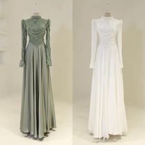 맞춤형 Charmeuse 스팽글 구슬 장식 높은 칼라 A 라인 롱 드레스 맞춤형 행사 럭셔리 여성 이브닝 파티 스파클