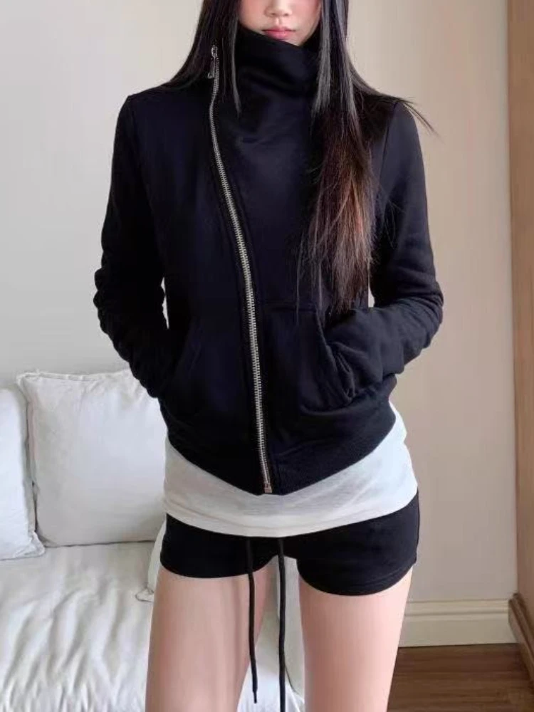 한국 패션 후드 롱 슬리브 재킷 여성 가을 겨울 캐주얼 루즈 카디건 탑 하라주쿠 솔리드 Y2k 지퍼 의류 2025