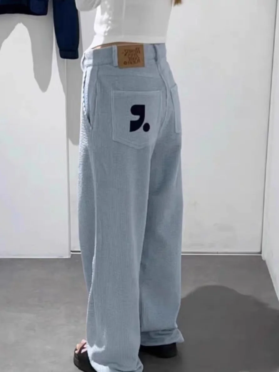 우아한 자수 코듀로이 스트레이트 팬츠 여성용 루즈 캐주얼 하이웨이스트 롱 팬츠 한국 스타일 편안한 착용감