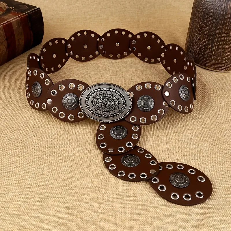 1pc 빈티지 스타일 여성의 가짜 PU 벨트 타원형 리벳 버클 허리띠 빈티지 맞춤 벨트