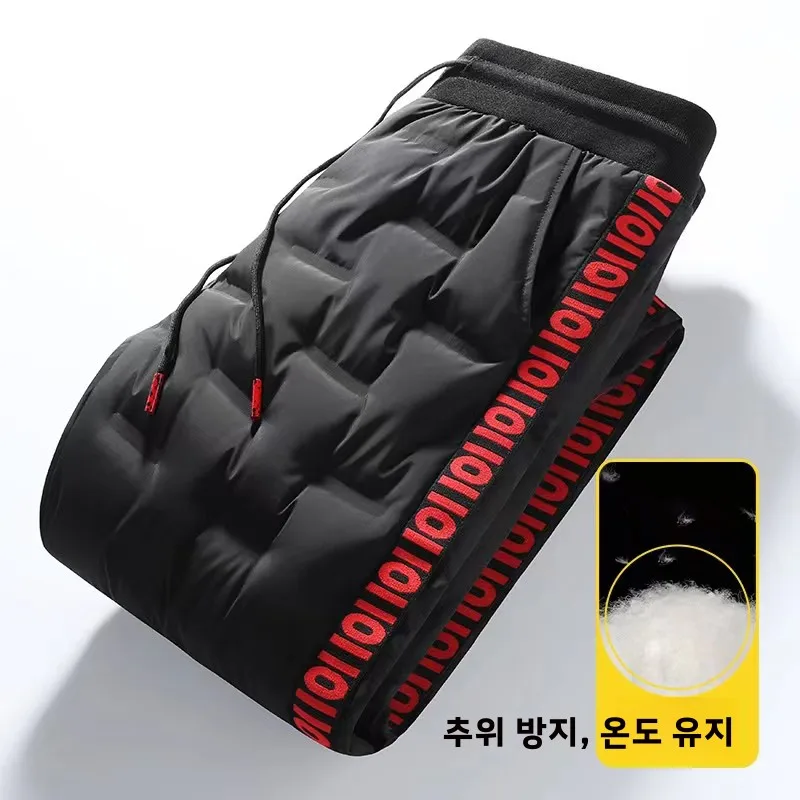 남성용 겨울 플리스 안감 오리털 캐주얼 바지 따뜻하고 편안한 루즈핏 중간 허리 긴 바지 패셔너블한 단색