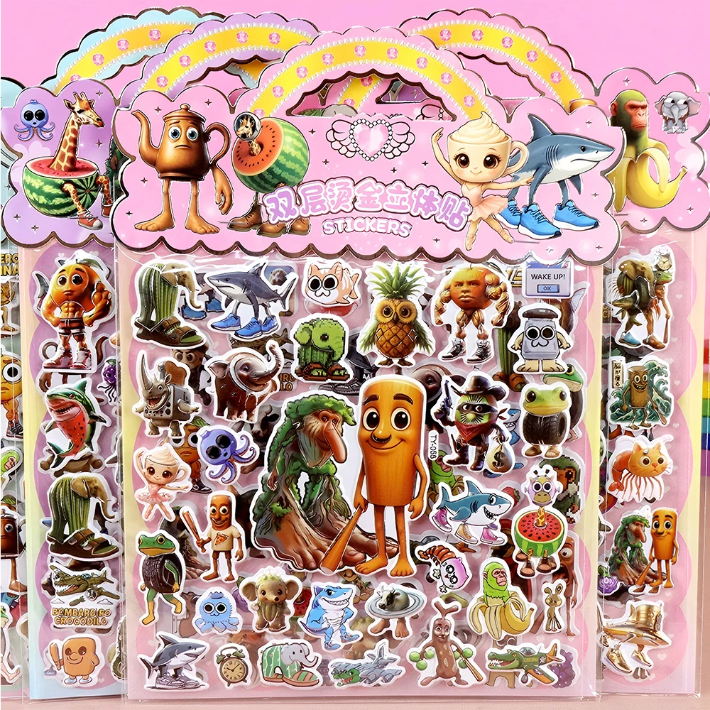 이탈리아 브레인로트 동물 버블 스티커 어린이용 방수 DIY 자전거 노트북 텡 텡 텡 사후르 이중 레이어 3D 스티커 선물
