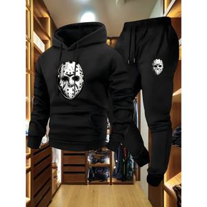 마스크 프린트 남성용 캐주얼 후디와 신축성 있는 커프스 팬츠 세트, 가을/겨울 야외 활동에 적합