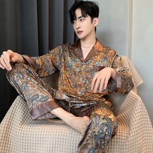 새로운 잠옷 남성 잠옷 바지 긴 소매 짧은 소매 반바지 남성 Pijama 수면 인쇄 실크 새틴 잠옷 남성용 세트