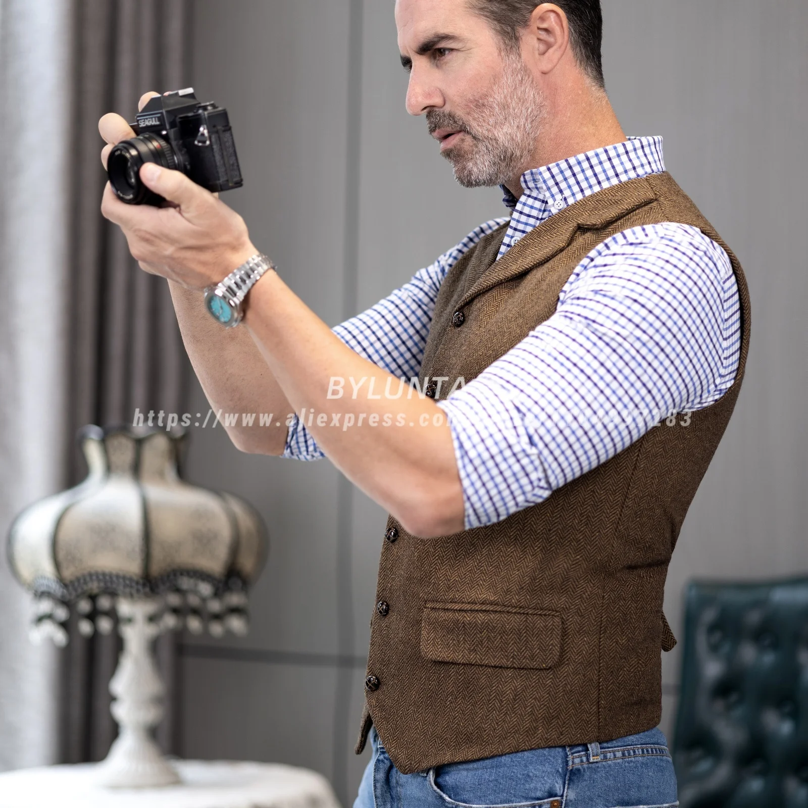 남성용 울 트위드 슬림 피트 레저 코튼 부르고뉴 조끼 신사 헤링본 비즈니스 브라운 양복 조끼 블레이저 웨딩 신랑