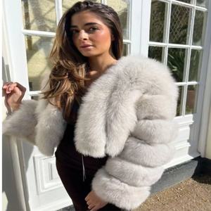 자도린 고급 크롭 화이트 인조 폭스 퍼 코트 여성 의류 V넥 긴팔 겨울 플러피 인조 퍼 재킷 퍼 코트 여성
