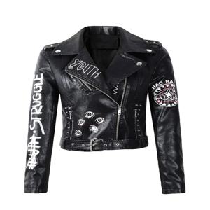 Ailegogo 여성용 슬림 핏 그래피트 프린트 짧은 PU Fuax 가죽 재킷, 모토 바이커 여성용 지퍼 벨트 코트, 시크 아웃웨어