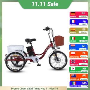성인 3 바퀴 전기 세발 자전거 리튬 배터리 12A 당겨 바구니 350W 20 인치 전기 자전거 세발 자전거 최대 속도 20Km/H