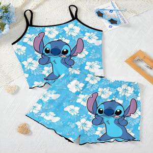 여성용 서스펜더 잠옷 잠옷 세트, 블루 디즈니 스티치 프린트, 아이스 실크, 편안한 캐주얼, 여름, 소프트 패션