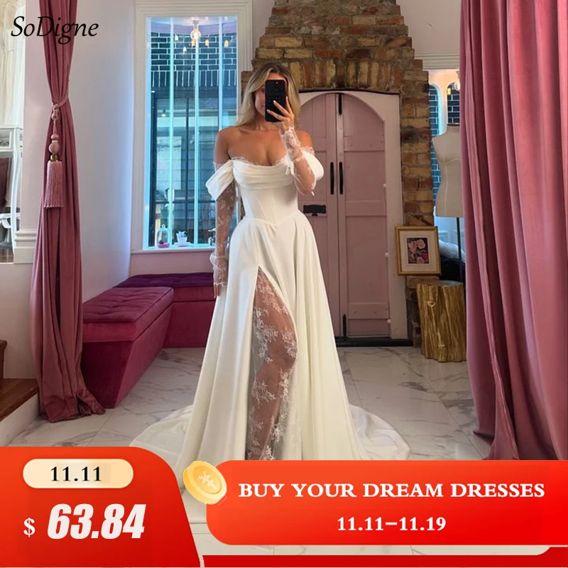SoDigne A 라인 웨딩 드레스 오프 숄더 긴 소매 새틴/레이스 신부 드레스 우아한 신부 가운 vestidos de novia 맞춤형