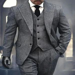 3 조각 남자 회색 헤링본 정장 정장 슬림 피트 피크 라펠 트위드 댄스 파티 턱시도 웨딩 신랑 들러리 (블레이저 + 조끼 + 바지)