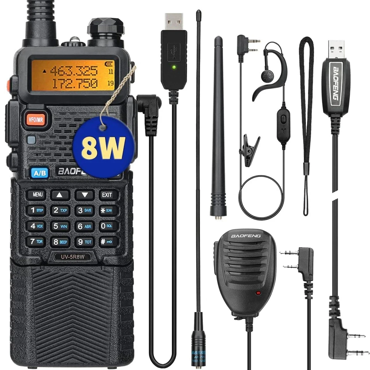BAOFENG UV-5R 8W/5W 3800mAh 고출력 햄 라디오 VHF 및 UHF 휴대용 양방향 라디오 장거리 충전식 휴대용 라디오 CB 라디오