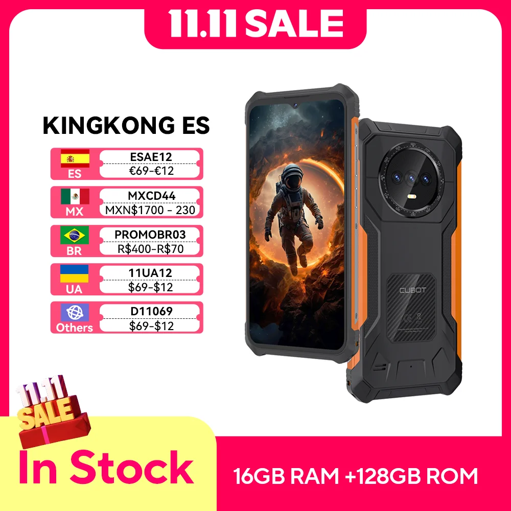 Cubot KingKong ES 초박형 견고한 Android 스마트폰, 16GB RAM(6GB+10GB), 128GB ROM, 6.56인치 90Hz 화면, 48MP 카메라, 4G 전화