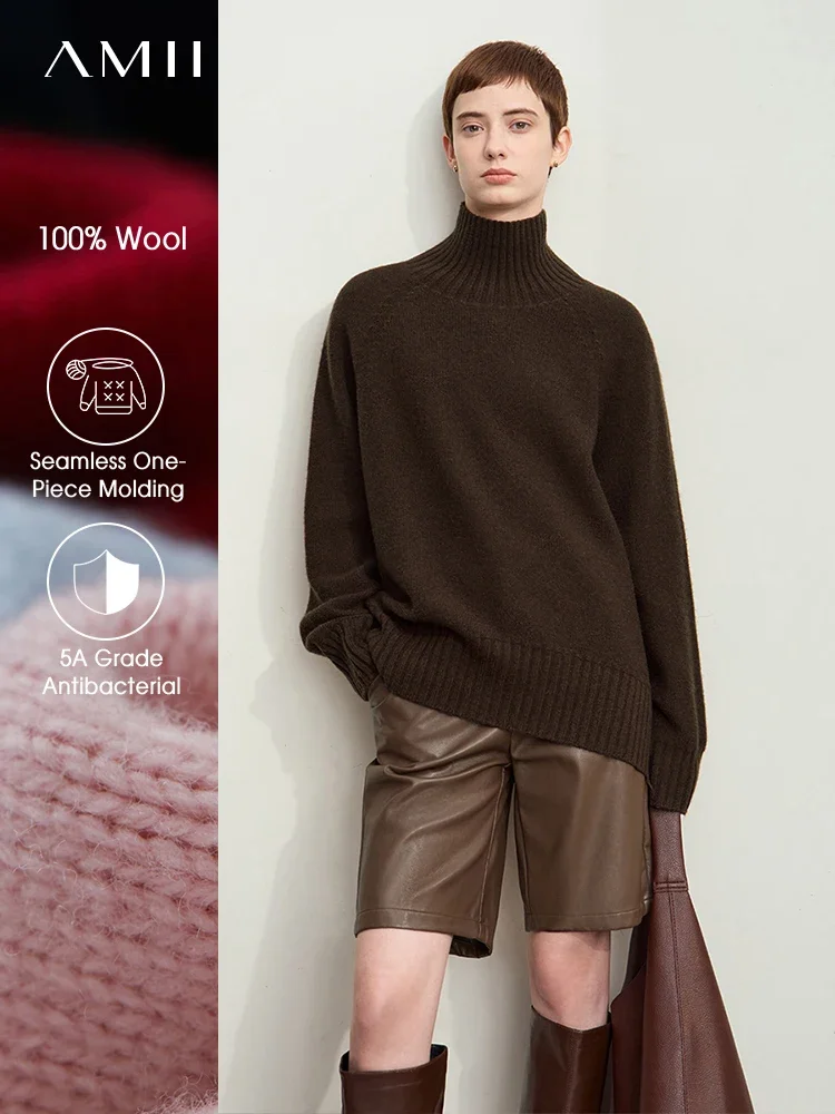 AMII 여성용 다목적 터틀넥 탑, 올울 심리스 일체형, 항균 스웨터 12454040, 미니멀리스트 2024, 겨울