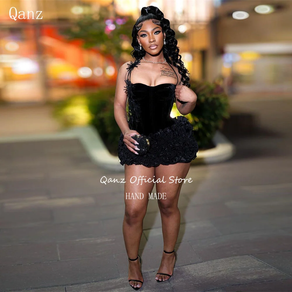Qanz 블랙 걸 프롬 드레스, 2025 럭셔리 벨벳 미니 생일 원피스, 여성 프릴, 맞춤형 티어드 드레스
