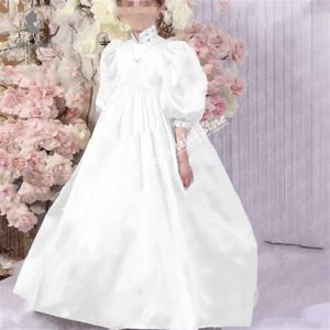 흰색 새틴 풍선 슬리브 맞춤형 꽃 소녀 드레스, 결혼식 하이넥 미인 대회, 푹신한 생일 무도회 첫 성찬식 가운