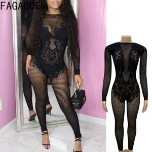 FAGADOER 섹시한 레이스 Bodycon 점프 슈트 여성 속이 빈 원피스 Rompers Hot Girl Party Clubwear 오버올 2025 New