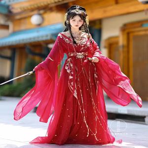 여성용 빈티지 한푸 세트, 중국 전통 무대 댄스 원피스, 요정 코스프레, 코스튬 한푸 세트, 레드, 우아한 공주 의상