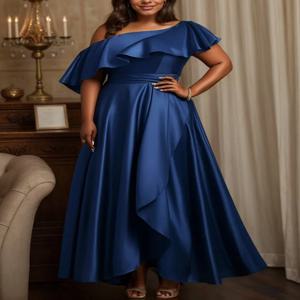 우아한 여성 플러스 사이즈 이브닝 드레스 새틴 프릴 한 어깨 빈티지 캐주얼 파티 칵테일 롱 드레스 짧은 소매 블루 드레스