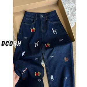 만화 개 활 수 놓은 높은 허리 스트레이트 다리 청바지 봄 틈새 연령 감소 모든 경기 데님 바지 여성 Y2k 바지
