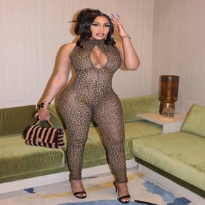 이상한 Puss Hollow Jumpsuit 여성 섹시한 레오파드 프린트를 통해 볼 민소매 Hipster Fit Street Midnight Party Workout Overalls