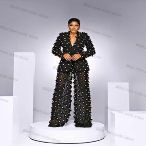 흑인 여성 정장 바지 세트 2 조각 블레이저 + 쉬어 바지 공식 오피스 자켓 꽃 황금 구슬 맞춤형 웨딩 턱시도 코트