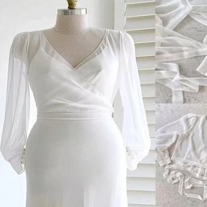 쉬폰 웨딩 신부 재킷 긴 소매 랩 우아한 레이스 업 V 넥 Bowknot 버튼 맞춤형