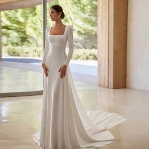 분리 가능한 기차와 여성을위한 우아한 스퀘어 칼라 웨딩 드레스 인어 웨딩 드레스 긴 간단한 신부 드레스