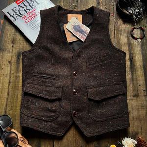 아메리칸 스타일 레트로 컬러풀 도트 무늬 헤비 트위드 헌팅 베스트 남성용 울 V넥 작업 조끼 RL 카키