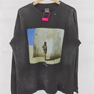 Saint Michael HIP HOP 긴팔 티셔츠 남성 여성 오버 사이즈 빈티지 블랙 워시 풀오버