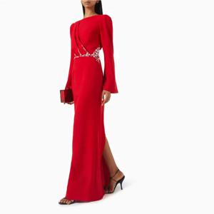 결혼식을위한 우아한 레드 여성 이브닝 드레스 장갑 긴 소매 구슬 댄스 파티 드레스 바닥 길이 슬릿 공식 파티 가운