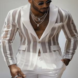 잘생긴 새로운 남성 탑 2025 시스루 스트라이프 수트 코트 세련된 남성 핫 판매 긴 소매 블레이저 블랙 화이트 레드