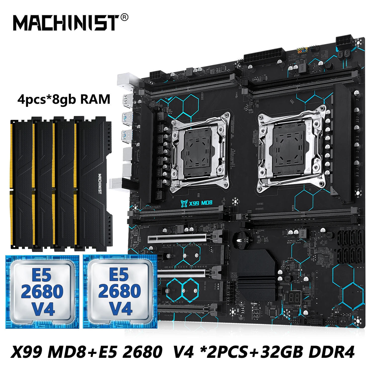 MACHINIST X99 MD8 듀얼 CPU 마더보드 키트 세트 (옵션: 인텔 Xeon E5 2680 V4 LGA2011-3 DDR4 32GB RAM C612 칩 서버 컴퓨터)