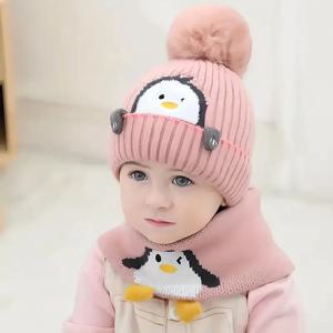 가을, 겨울 어린이 따뜻한 모자 귀여운 펭귄 니트 귀 보호 세트, 어린이 모자 및 목, 겨울 따뜻한 모자, 펭귄 팻