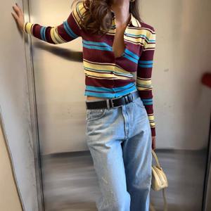 2025년 가을 스트라이프 가디건 긴팔 싱글 버튼 스웨터 레트로 슬림 스트라이프 여성 티셔츠