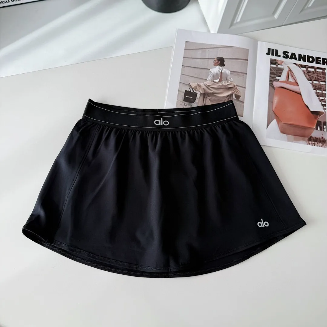 여름 신상 여성 테니스 스커트 신축성 있는 허리밴드 짧은 치마 캐주얼 레터 위브 벨트 안티라이트 얇은 폴리에스터 니트 스커트