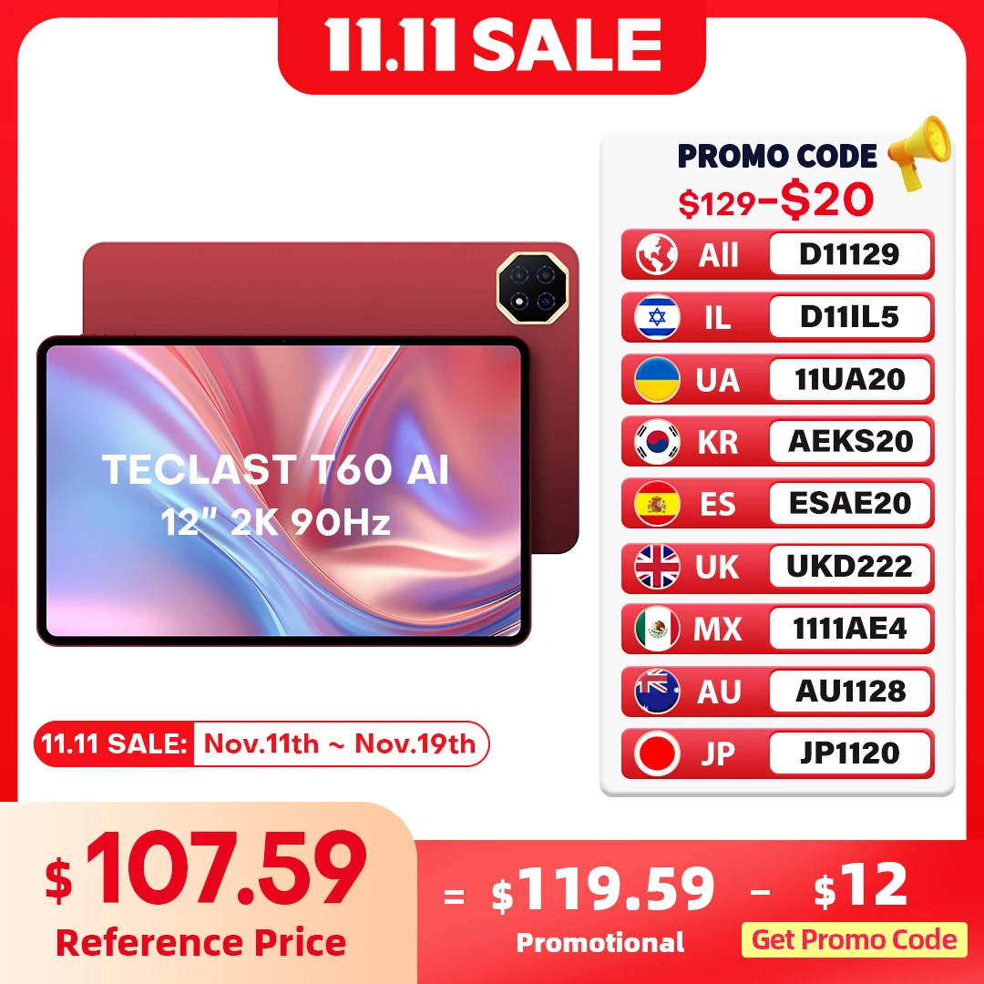 Teclast T60 AI 태블릿 12인치 2K 디스플레이 90Hz 올위너 AI A733 옥타코어 6GB(+10GB) 128GB 8000mAh 배터리 안드로이드 15 태블릿 와이파이-6