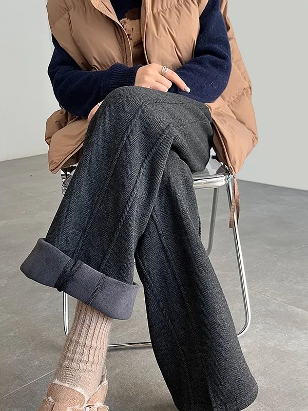 플리스 안감 와이드 레그 팬츠 하이 웨이스트 출퇴근 스타일 바지 가을 겨울 신상 울 바나나 팬츠 스트레이트 컷 슬림 핏