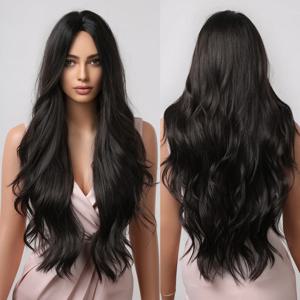흑인 여성을 위한 긴 웨이브 합성 가발 다크 브라운 가발 자연스러운 중간 가르마 웨이브 데일리 코스프레 헤어 내열성