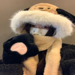 귀여운 강아지 모자 장갑 스카프 가을과 겨울 3피스 세트 따뜻하고 두꺼운 귀 보호 방풍 및 다용도