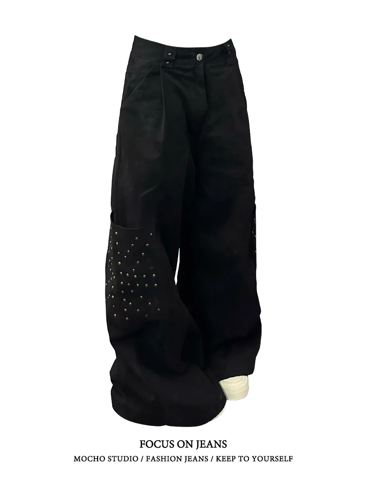 미국 레트로 리벳 디자인 워크웨어 청바지 루즈 와이드 레그 팬츠 하이웨이스트 봄 가을 여성 패션 트렌드 데님 청바지