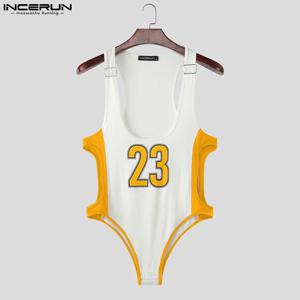 INCERUN 남성 바디수트 패치워크 프린팅 홀로우 아웃 민소매 남성 롬퍼스 스트리트웨어 섹시 패션 운동 캐주얼 플레이수트 남성
