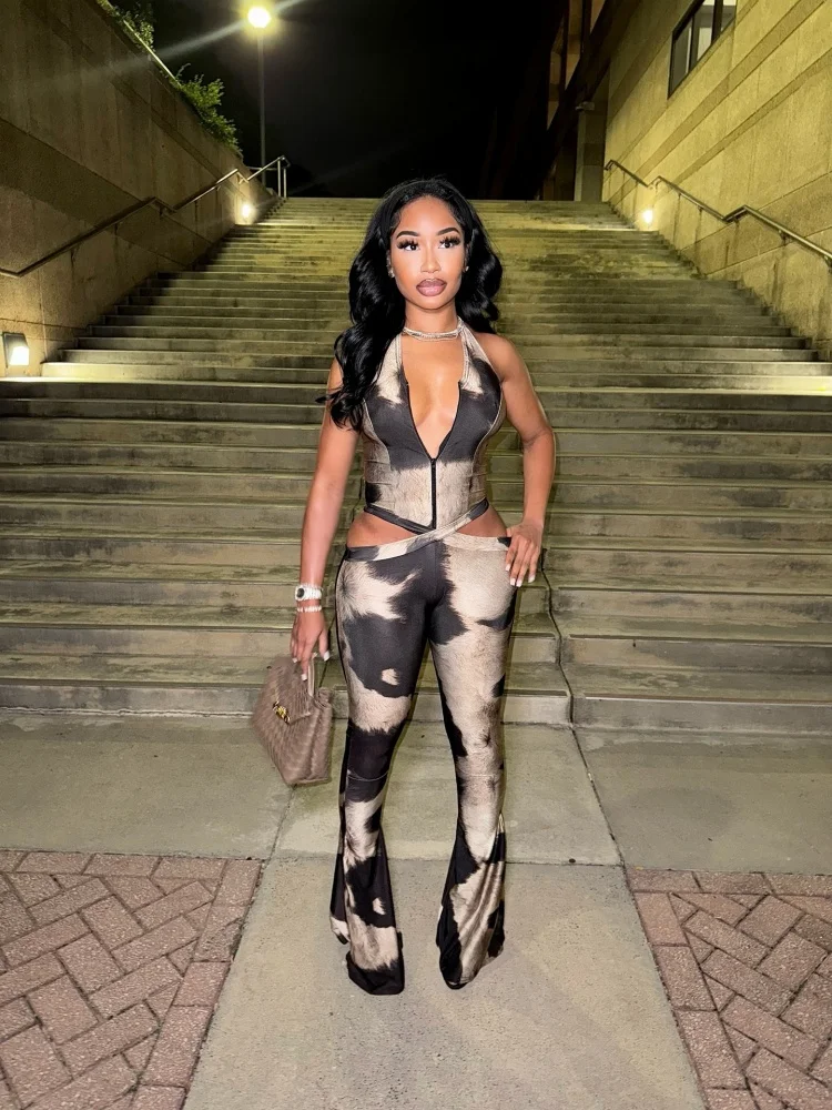 시스터 스타 여성 점프수트 패션 섹시 브이넥 홀터 슬리브리스 홀로우 스트리트 스타일 우아한 출퇴근용 롱 점프수트 의상