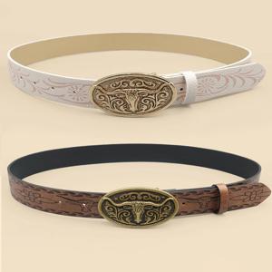 웨스턴 카우보이 스타일 빈티지 캐주얼 벨트 - 황소 머리 조각 버클 & 보헤미안 프린트, 매일 출퇴근 및 데이트 의상에 적합