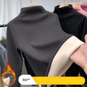 여성 열 속옷 겨울 하프 하이 칼라 바닥 셔츠 솔리드 세미 하이 칼라 긴 소매 기본 티셔츠 가열 풀오버