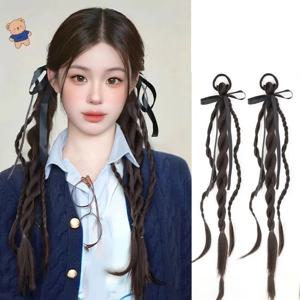 합성 가발 더블 트위스트 브레이드 헤드 로프 리본 여성 달콤한 자연 대학 스타일 나비 넥타이 더블 포니 테일 가발 헤드 로프